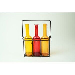 Vibrant Set: Orange, Red, & Yellow Glass Bottles + Metal Carrier - Decor Accent